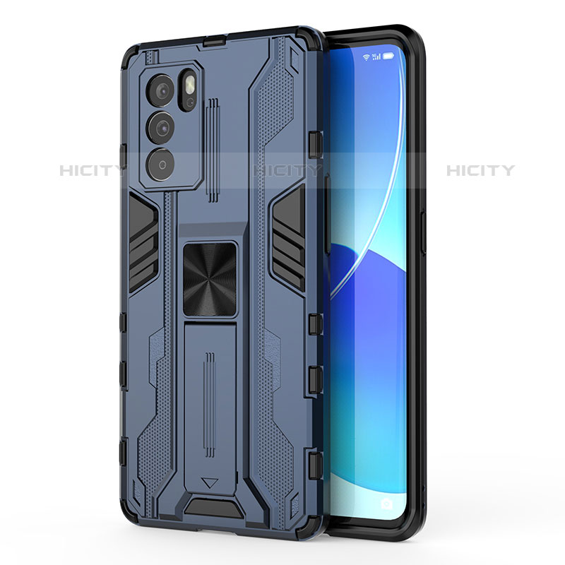 Funda Bumper Silicona y Plastico Mate Carcasa con Magnetico Soporte para Oppo Reno6 Pro 5G India Azul