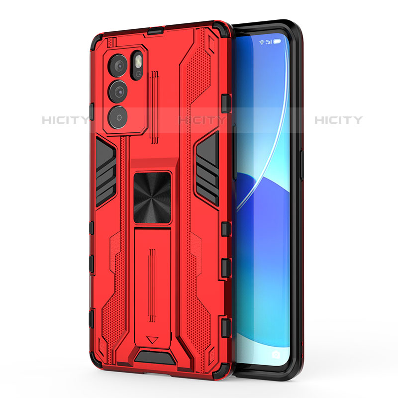 Funda Bumper Silicona y Plastico Mate Carcasa con Magnetico Soporte para Oppo Reno6 Pro 5G India Rojo