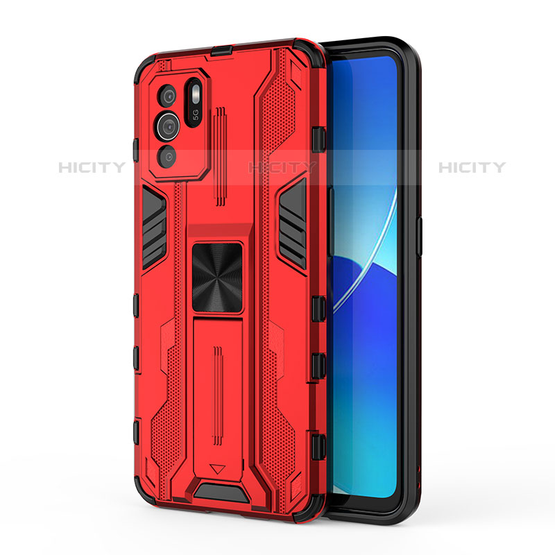 Funda Bumper Silicona y Plastico Mate Carcasa con Magnetico Soporte para Oppo Reno6 Z 5G Rojo