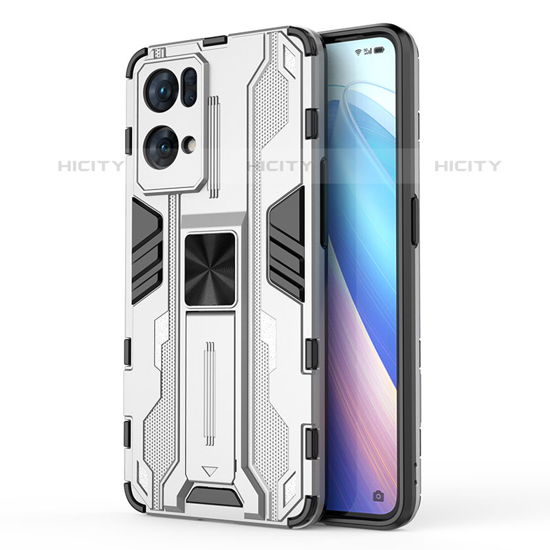 Funda Bumper Silicona y Plastico Mate Carcasa con Magnetico Soporte para Oppo Reno7 Pro 5G Blanco