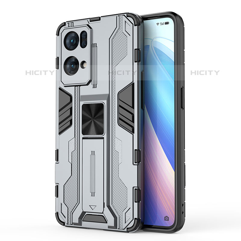 Funda Bumper Silicona y Plastico Mate Carcasa con Magnetico Soporte para Oppo Reno7 Pro 5G Gris