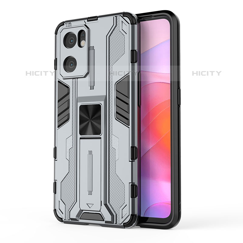 Funda Bumper Silicona y Plastico Mate Carcasa con Magnetico Soporte para Oppo Reno7 SE 5G Gris