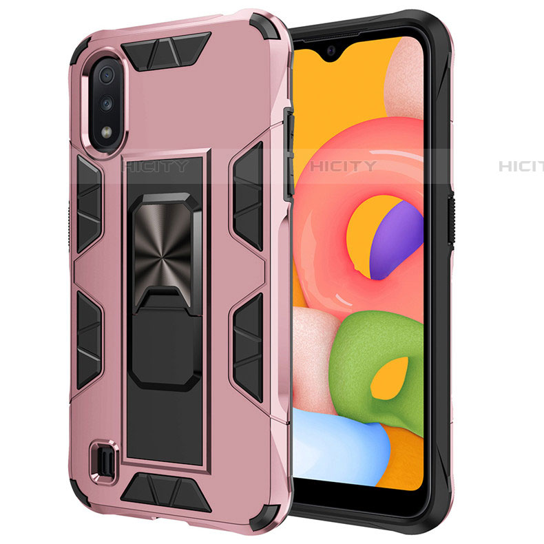 Funda Bumper Silicona y Plastico Mate Carcasa con Magnetico Soporte para Samsung Galaxy A01 SM-A015 Oro Rosa