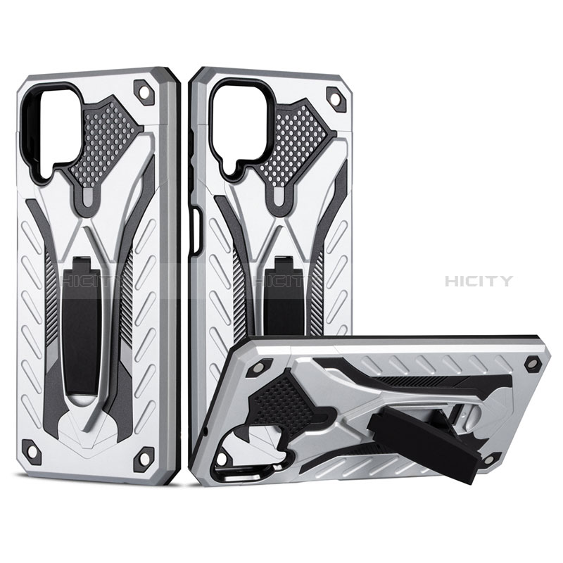 Funda Bumper Silicona y Plastico Mate Carcasa con Magnetico Soporte para Samsung Galaxy F12 Plata