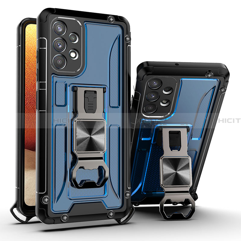 Funda Bumper Silicona y Plastico Mate Carcasa con Magnetico Soporte Q01W para Samsung Galaxy A32 5G Azul