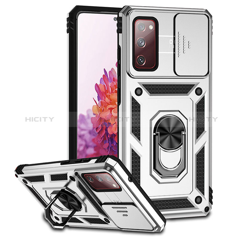 Funda Bumper Silicona y Plastico Mate Carcasa con Magnetico Soporte Q01W para Samsung Galaxy S20 FE (2022) 5G Plata