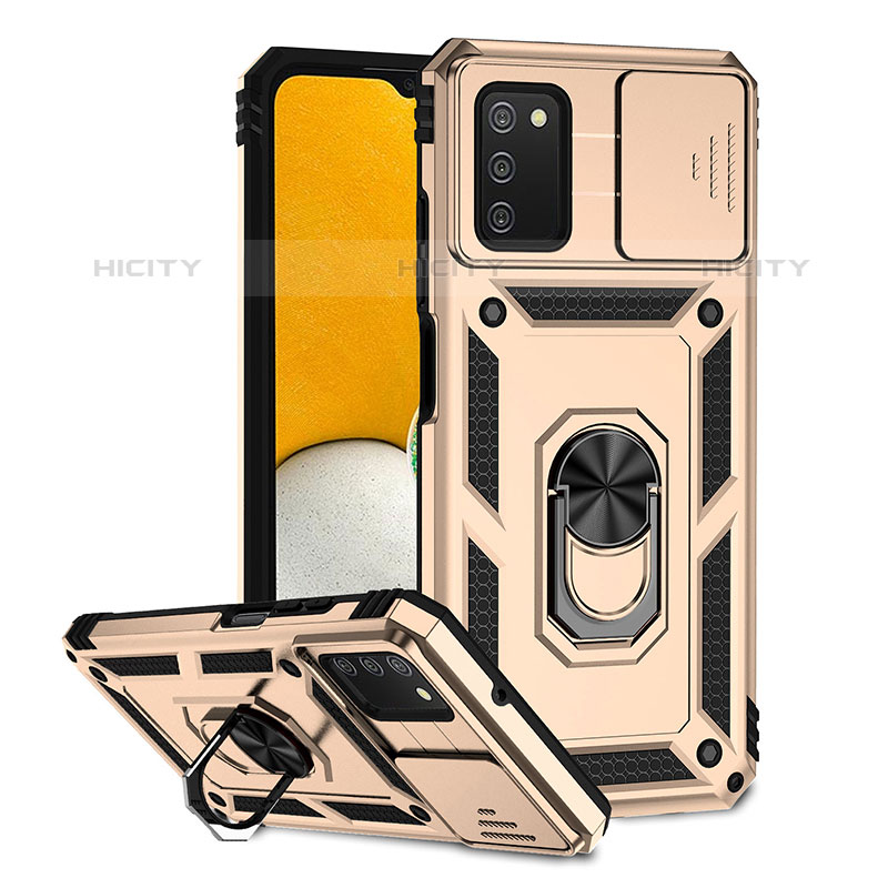 Funda Bumper Silicona y Plastico Mate Carcasa con Magnetico Soporte Q02W para Samsung Galaxy M02s Oro