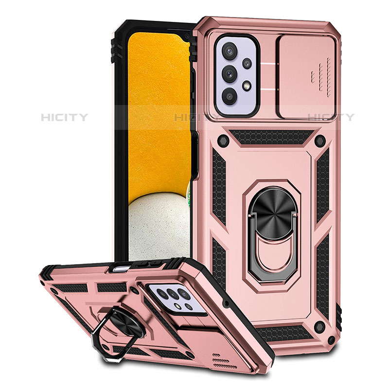 Funda Bumper Silicona y Plastico Mate Carcasa con Magnetico Soporte Q02W para Samsung Galaxy M32 5G Oro Rosa