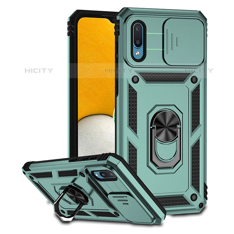 Funda Bumper Silicona y Plastico Mate Carcasa con Magnetico Soporte QW2 para Samsung Galaxy M02 Verde