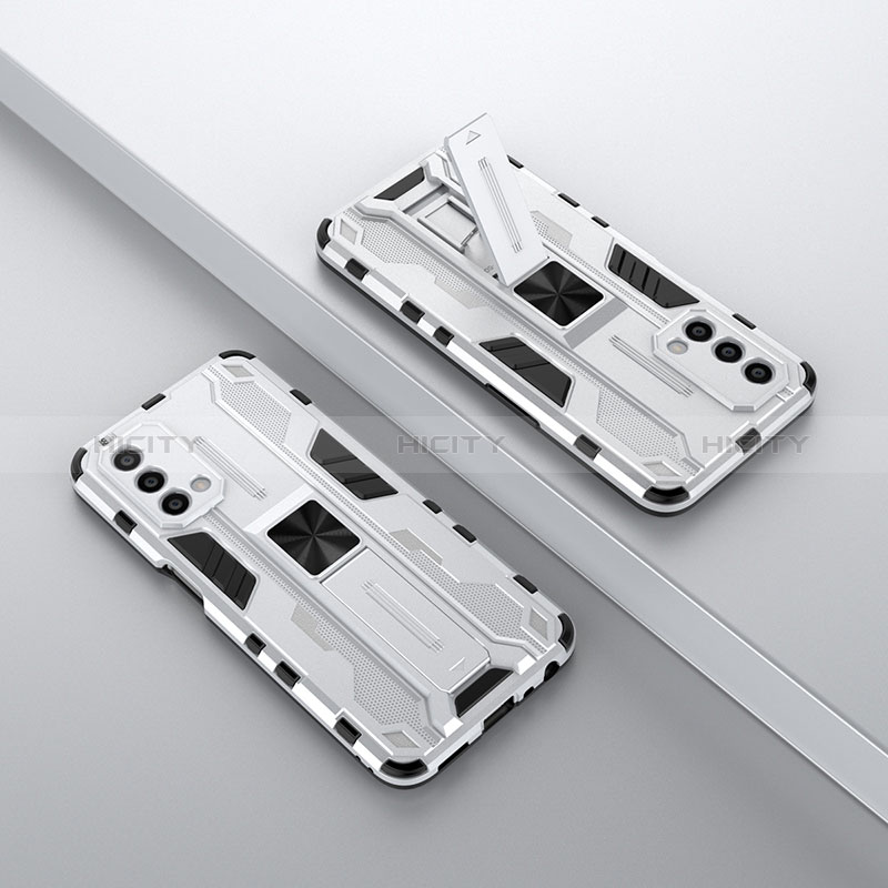 Funda Bumper Silicona y Plastico Mate Carcasa con Magnetico Soporte T01 para Oppo A74 5G Blanco