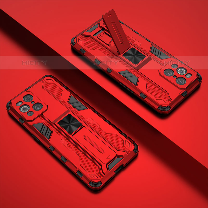 Funda Bumper Silicona y Plastico Mate Carcasa con Magnetico Soporte T01 para Oppo Find X3 Pro 5G Rojo