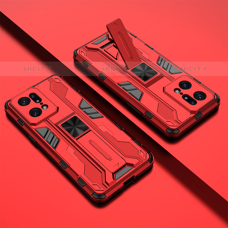 Funda Bumper Silicona y Plastico Mate Carcasa con Magnetico Soporte T01 para Oppo Find X5 Pro 5G Rojo