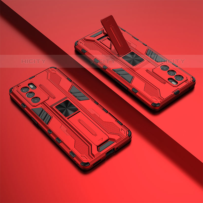 Funda Bumper Silicona y Plastico Mate Carcasa con Magnetico Soporte T01 para Oppo Reno6 Pro 5G India Rojo