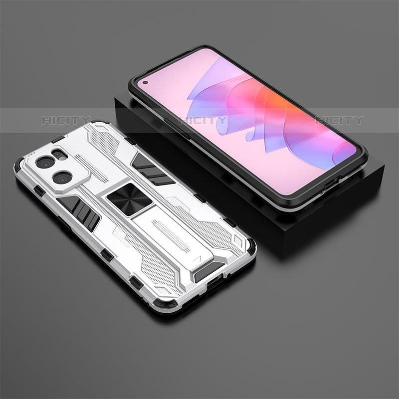 Funda Bumper Silicona y Plastico Mate Carcasa con Magnetico Soporte T01 para Oppo Reno7 SE 5G Blanco