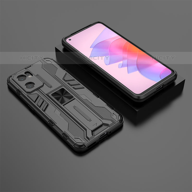 Funda Bumper Silicona y Plastico Mate Carcasa con Magnetico Soporte T01 para Oppo Reno7 SE 5G Negro