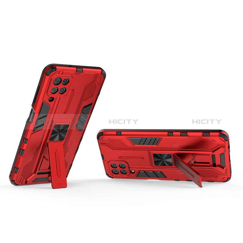 Funda Bumper Silicona y Plastico Mate Carcasa con Magnetico Soporte T01 para Samsung Galaxy A12 5G Rojo