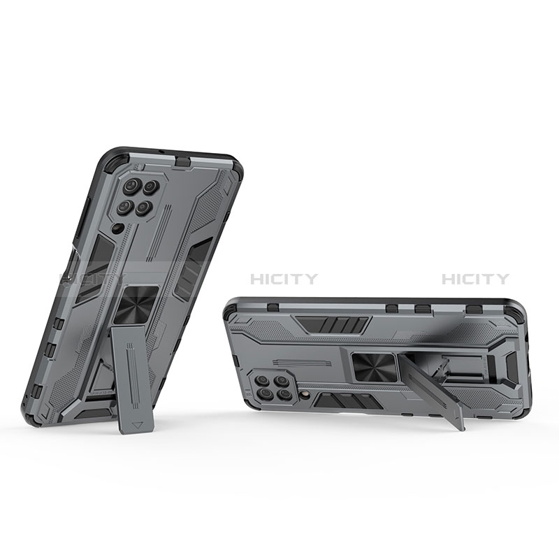 Funda Bumper Silicona y Plastico Mate Carcasa con Magnetico Soporte T01 para Samsung Galaxy A12 Gris