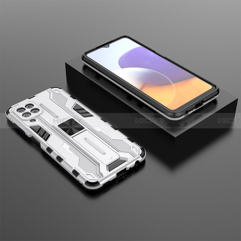 Funda Bumper Silicona y Plastico Mate Carcasa con Magnetico Soporte T01 para Samsung Galaxy A22 4G Blanco