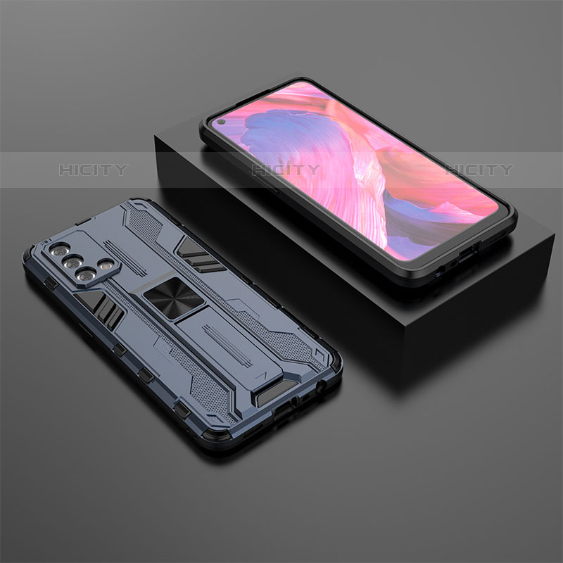 Funda Bumper Silicona y Plastico Mate Carcasa con Magnetico Soporte T02 para Oppo A74 4G Azul