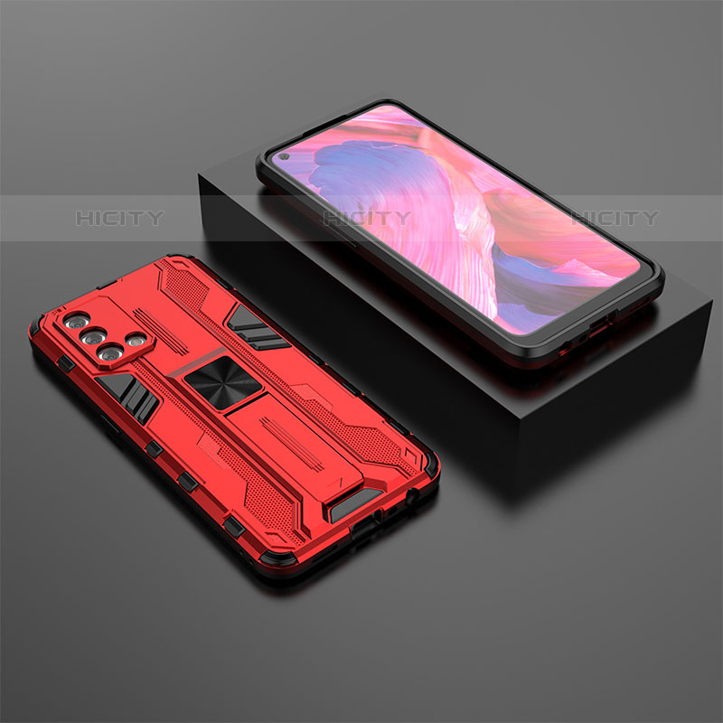 Funda Bumper Silicona y Plastico Mate Carcasa con Magnetico Soporte T02 para Oppo A74 4G Rojo