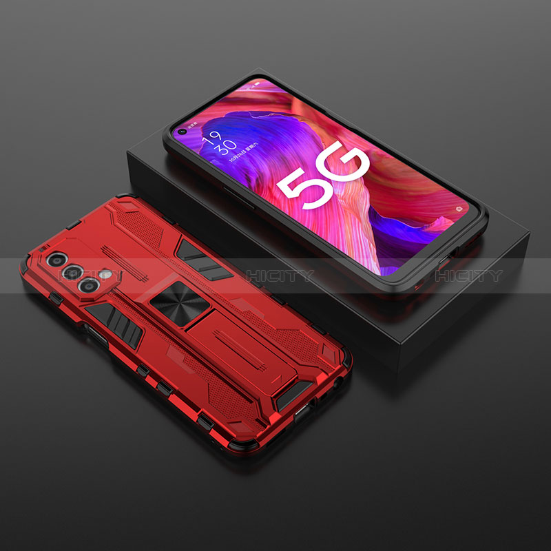 Funda Bumper Silicona y Plastico Mate Carcasa con Magnetico Soporte T02 para Oppo A74 5G Rojo