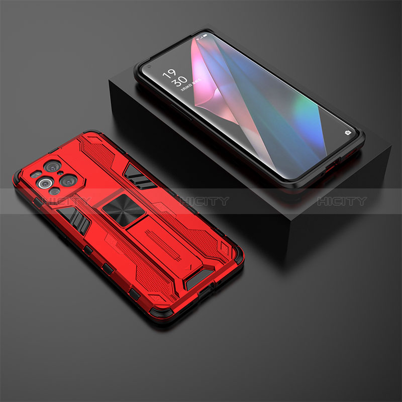 Funda Bumper Silicona y Plastico Mate Carcasa con Magnetico Soporte T02 para Oppo Find X3 5G Rojo