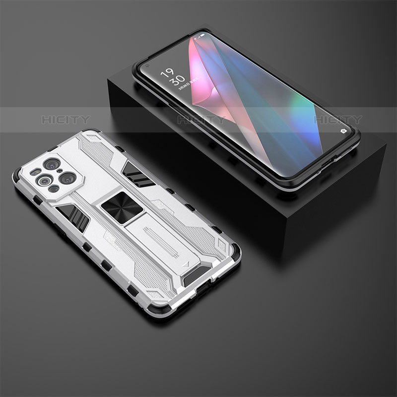 Funda Bumper Silicona y Plastico Mate Carcasa con Magnetico Soporte T02 para Oppo Find X3 Pro 5G Blanco