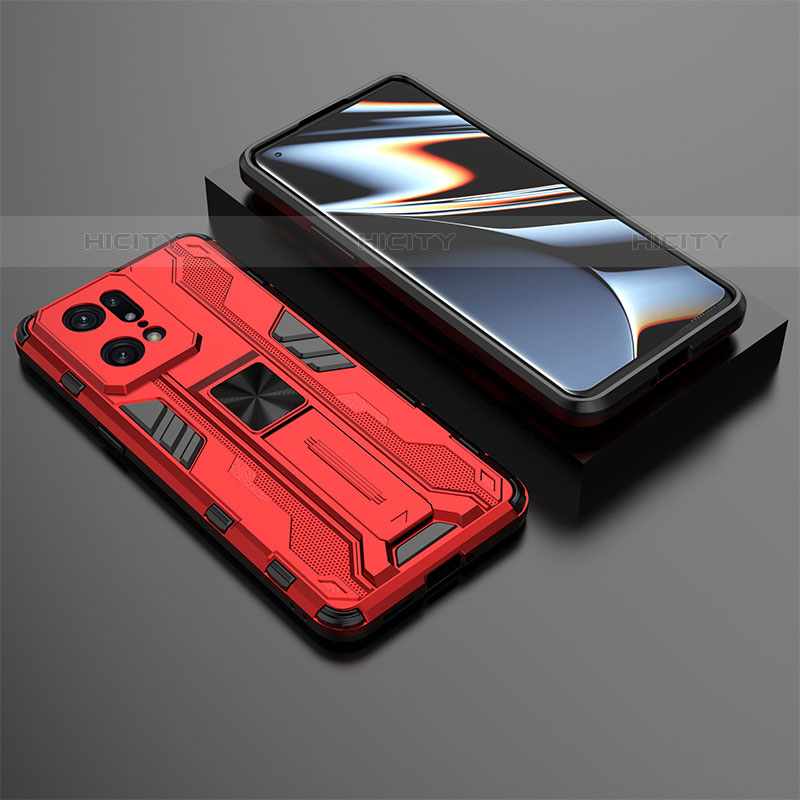 Funda Bumper Silicona y Plastico Mate Carcasa con Magnetico Soporte T02 para Oppo Find X5 Pro 5G Rojo