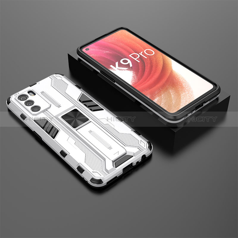 Funda Bumper Silicona y Plastico Mate Carcasa con Magnetico Soporte T02 para Oppo K9 Pro 5G Blanco