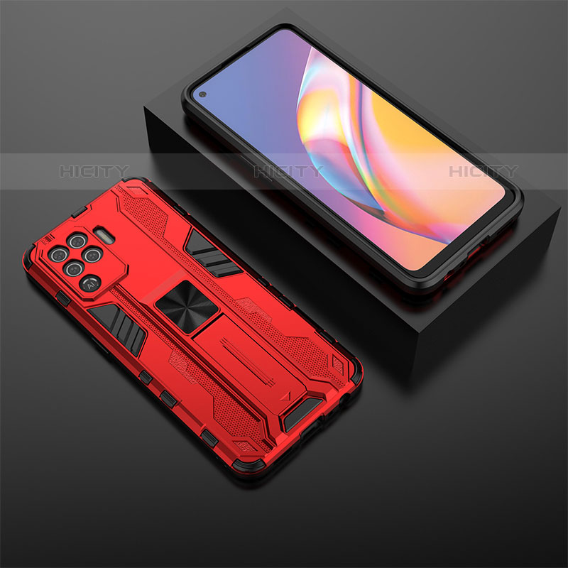 Funda Bumper Silicona y Plastico Mate Carcasa con Magnetico Soporte T02 para Oppo Reno5 F Rojo