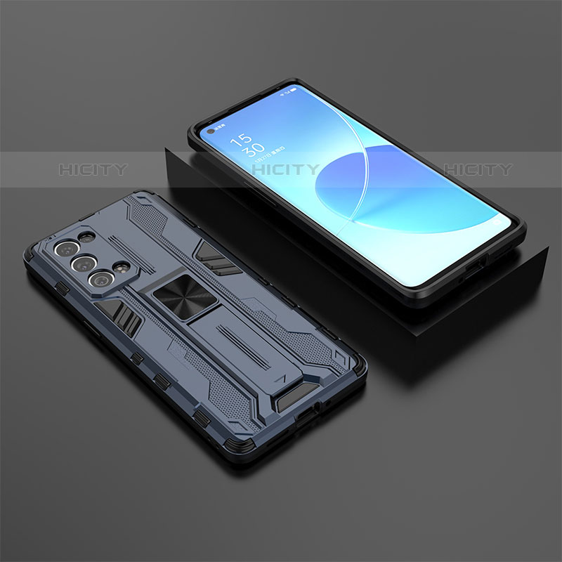 Funda Bumper Silicona y Plastico Mate Carcasa con Magnetico Soporte T02 para Oppo Reno6 Pro 5G Azul