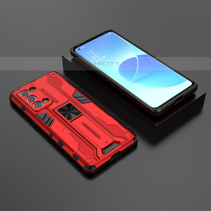 Funda Bumper Silicona y Plastico Mate Carcasa con Magnetico Soporte T02 para Oppo Reno6 Pro+ Plus 5G Rojo