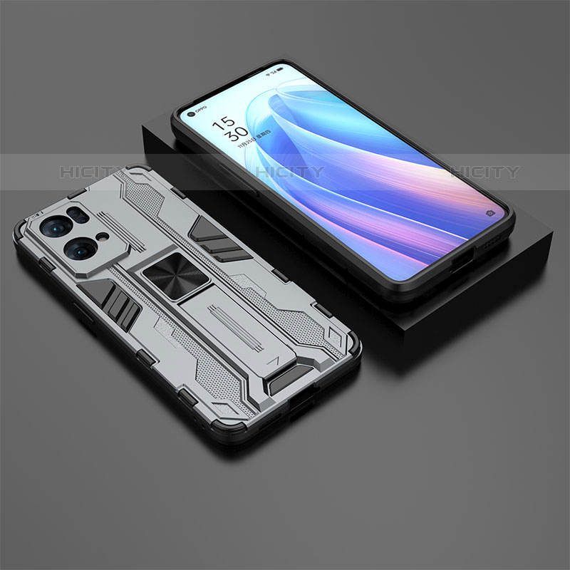 Funda Bumper Silicona y Plastico Mate Carcasa con Magnetico Soporte T02 para Oppo Reno7 Pro 5G Gris