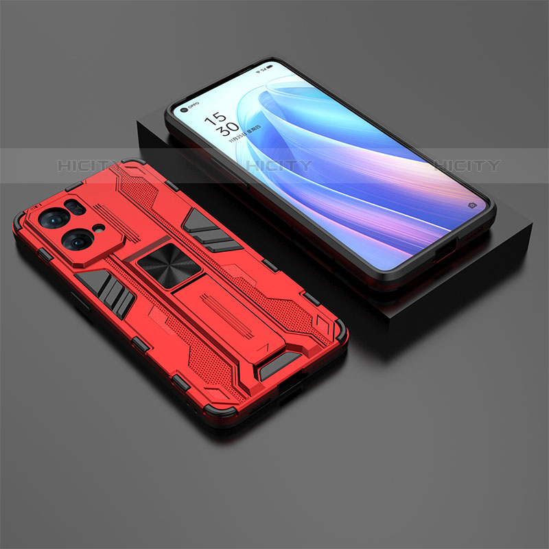 Funda Bumper Silicona y Plastico Mate Carcasa con Magnetico Soporte T02 para Oppo Reno7 Pro 5G Rojo