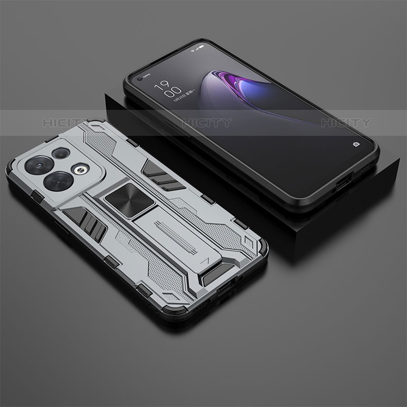 Funda Bumper Silicona y Plastico Mate Carcasa con Magnetico Soporte T02 para Oppo Reno8 5G Gris