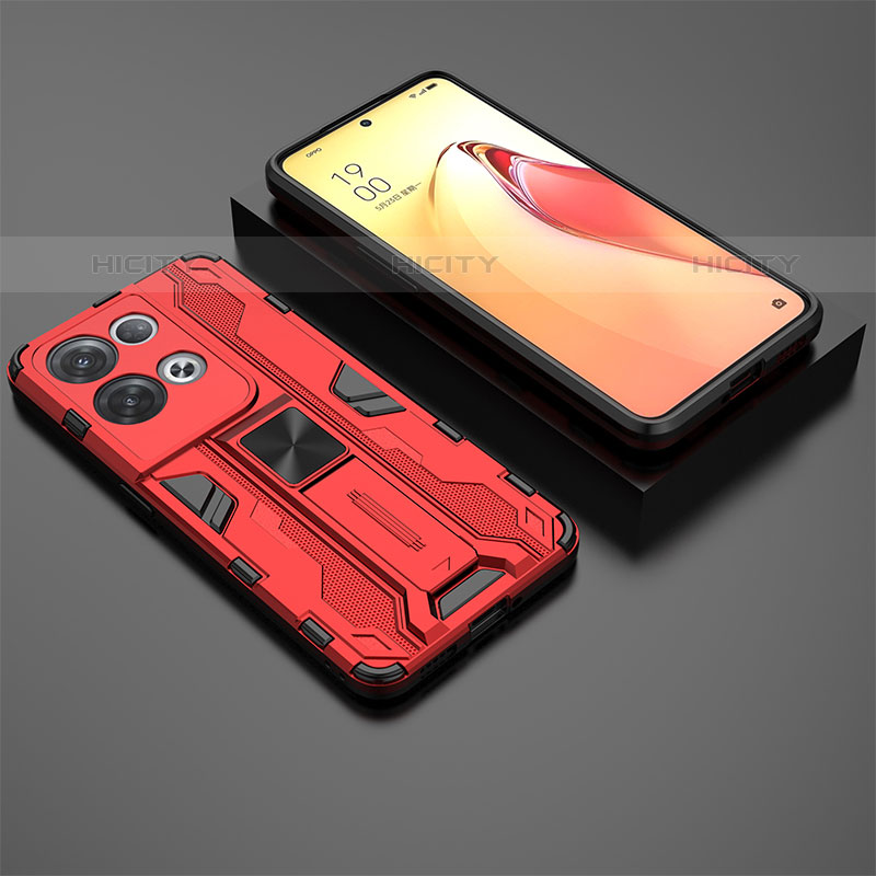 Funda Bumper Silicona y Plastico Mate Carcasa con Magnetico Soporte T02 para Oppo Reno8 Pro+ Plus 5G Rojo