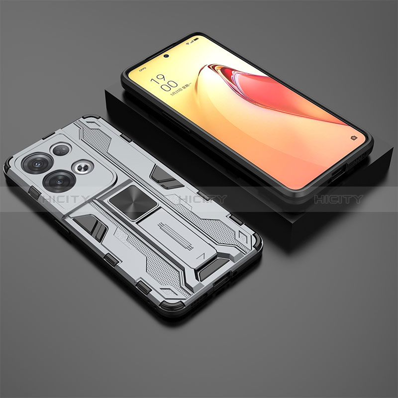 Funda Bumper Silicona y Plastico Mate Carcasa con Magnetico Soporte T02 para Oppo Reno9 Pro+ Plus 5G Gris