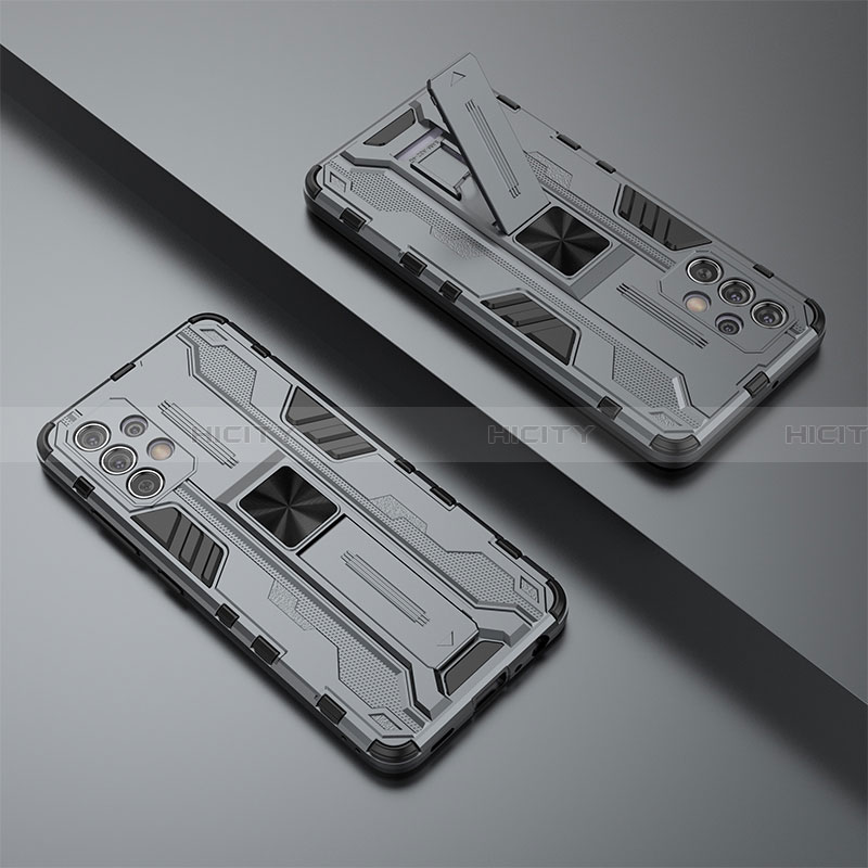 Funda Bumper Silicona y Plastico Mate Carcasa con Magnetico Soporte T02 para Samsung Galaxy A32 4G Gris