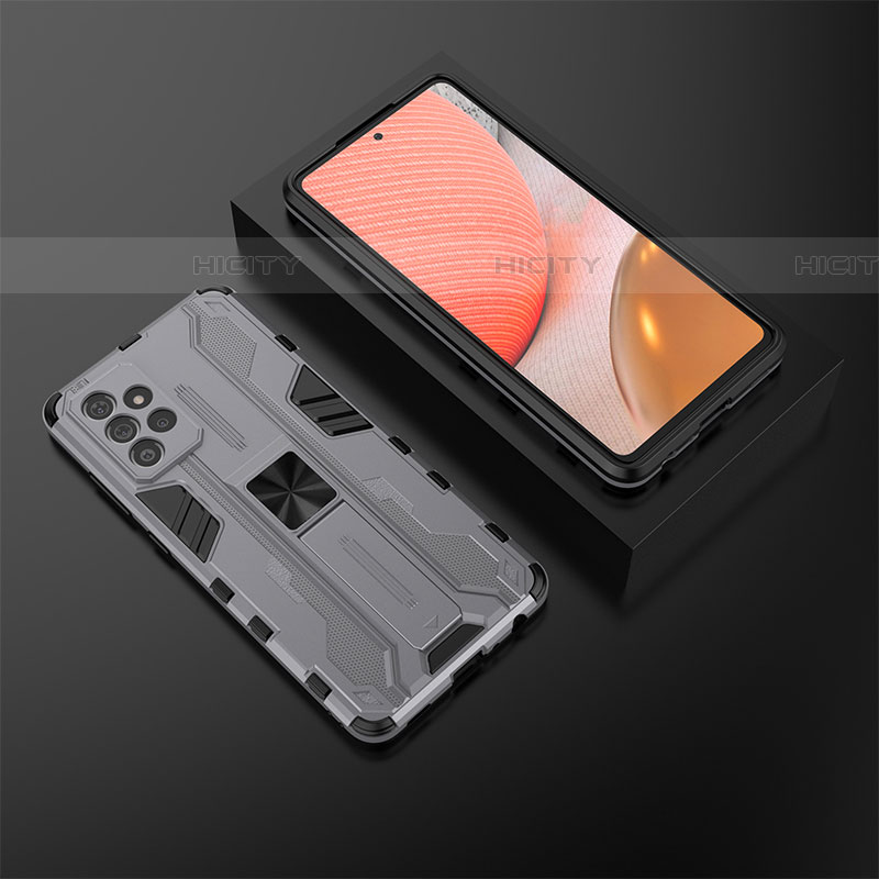 Funda Bumper Silicona y Plastico Mate Carcasa con Magnetico Soporte T02 para Samsung Galaxy A72 5G Gris