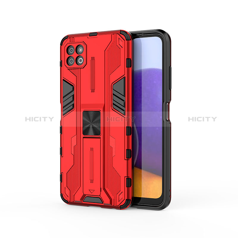 Funda Bumper Silicona y Plastico Mate Carcasa con Magnetico Soporte T03 para Samsung Galaxy A22s 5G Rojo