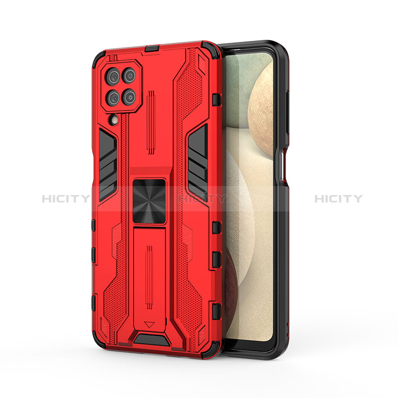 Funda Bumper Silicona y Plastico Mate Carcasa con Magnetico Soporte T04 para Samsung Galaxy A12 Rojo