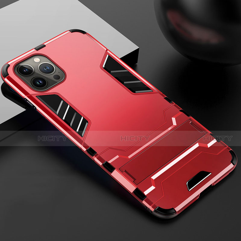 Funda Bumper Silicona y Plastico Mate Carcasa con Soporte A01 para Apple iPhone 13 Pro Rojo