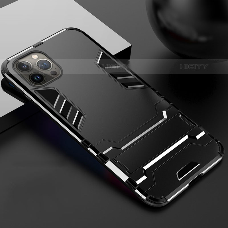 Funda Bumper Silicona y Plastico Mate Carcasa con Soporte A01 para Apple iPhone 15 Pro Max Negro