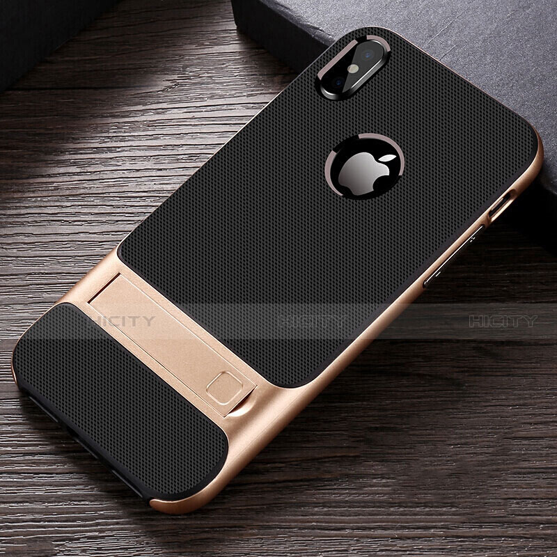 Funda Bumper Silicona y Plastico Mate Carcasa con Soporte A01 para Apple iPhone X Oro