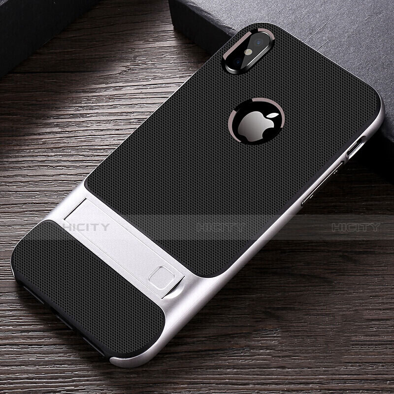 Funda Bumper Silicona y Plastico Mate Carcasa con Soporte A01 para Apple iPhone X Plata