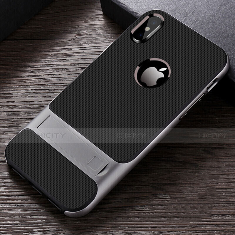 Funda Bumper Silicona y Plastico Mate Carcasa con Soporte A01 para Apple iPhone Xs Gris