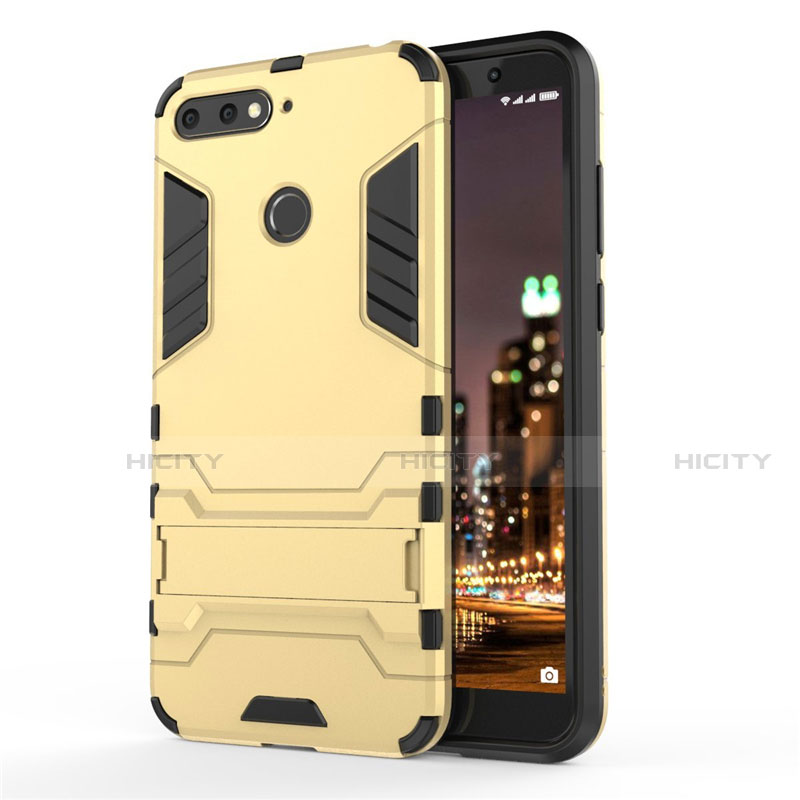 Funda Bumper Silicona y Plastico Mate Carcasa con Soporte A01 para Huawei Enjoy 8e Oro