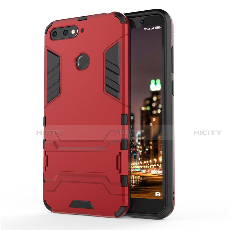 Funda Bumper Silicona y Plastico Mate Carcasa con Soporte A01 para Huawei Enjoy 8e Rojo