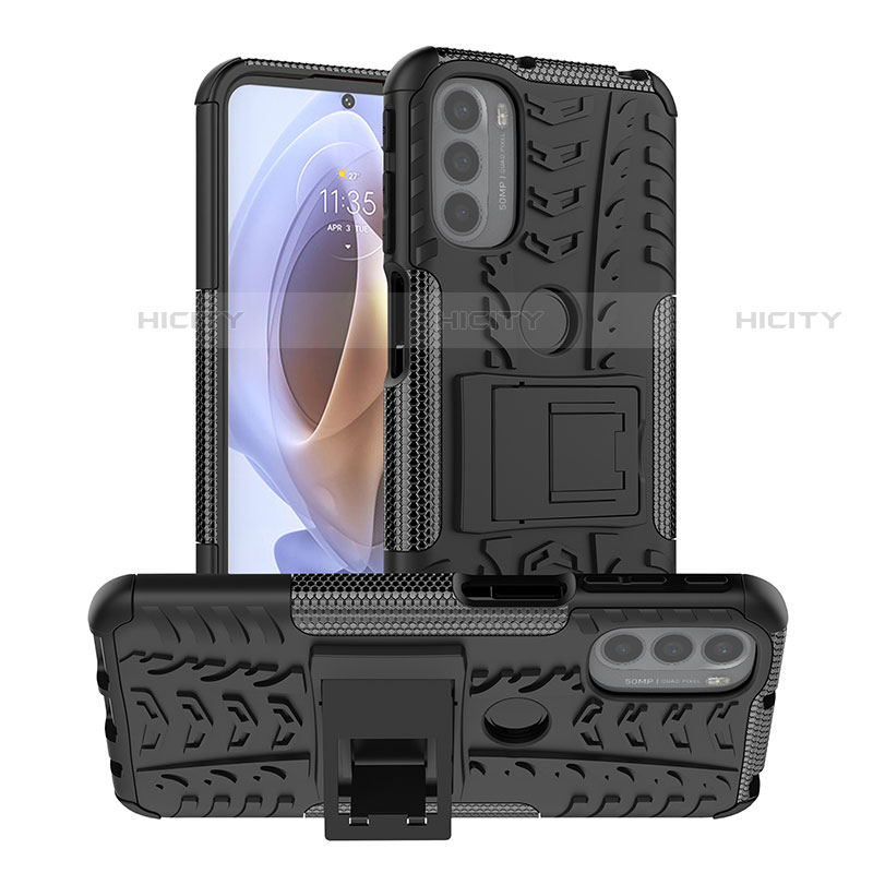 Funda Bumper Silicona y Plastico Mate Carcasa con Soporte A01 para Motorola Moto G31 Negro