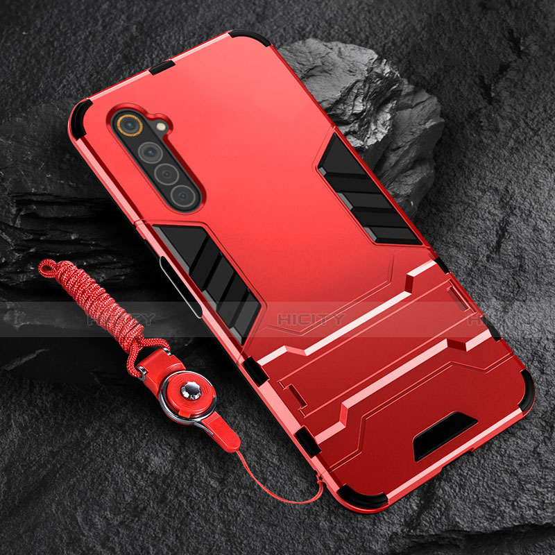 Funda Bumper Silicona y Plastico Mate Carcasa con Soporte A01 para Realme 6 Rojo